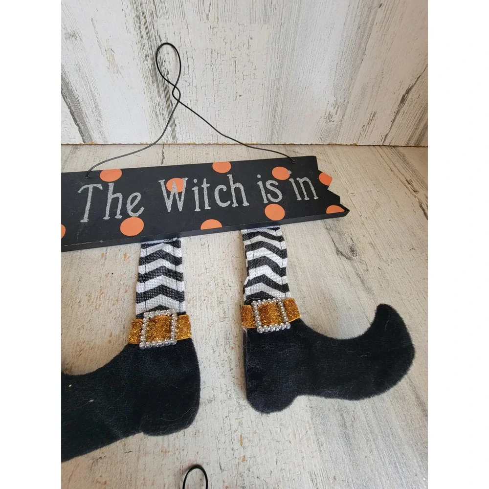 Halloween witch is in feet sign set glitter Unique broom Home decor